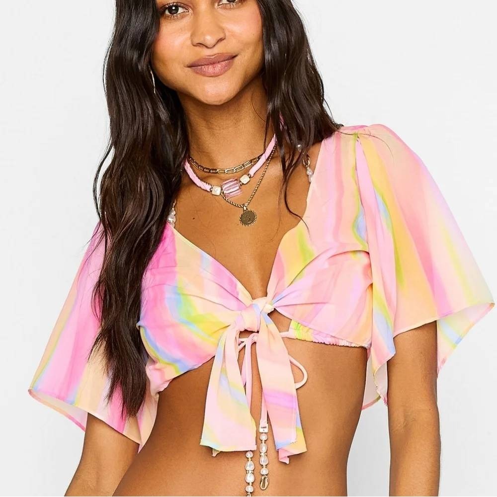 Beach Bunny Sheer Tie Front Crop Top Womens Medium Mae Rainbow Swim‎ Coverup NWT